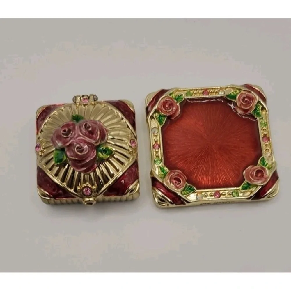 Jane Seymour Gift Present Trinket Pill Jewlery Box & Mirror. Enamel Rose Flower